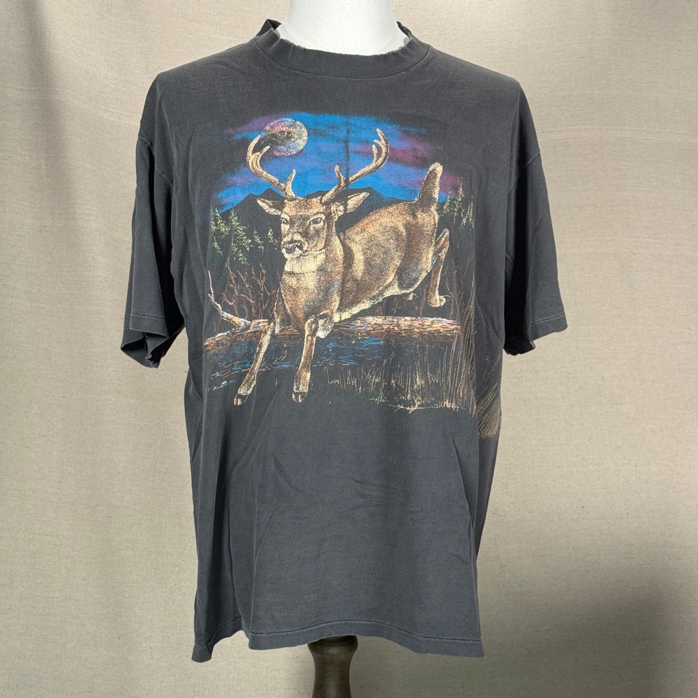 1994 Hazelwoods Buck Deer Graphic T-Shirt Faded Black Distressed XL Wraparound‎